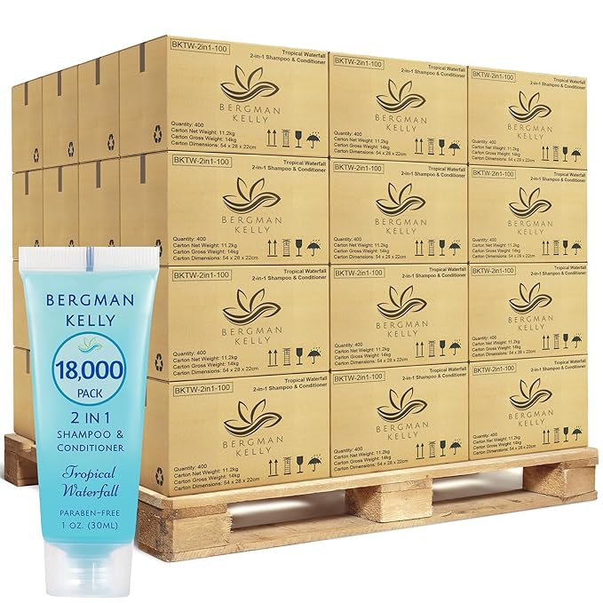 Bergman Kelly - Travel Size 2 in 1 Shampoo & Conditioner - 1 fl oz, 18000 PK, Tropical Waterfall - Delight Your Guests w/Invigorating & Refreshing Shampoo Amenities - Small Hotel Toiletries in Bulk