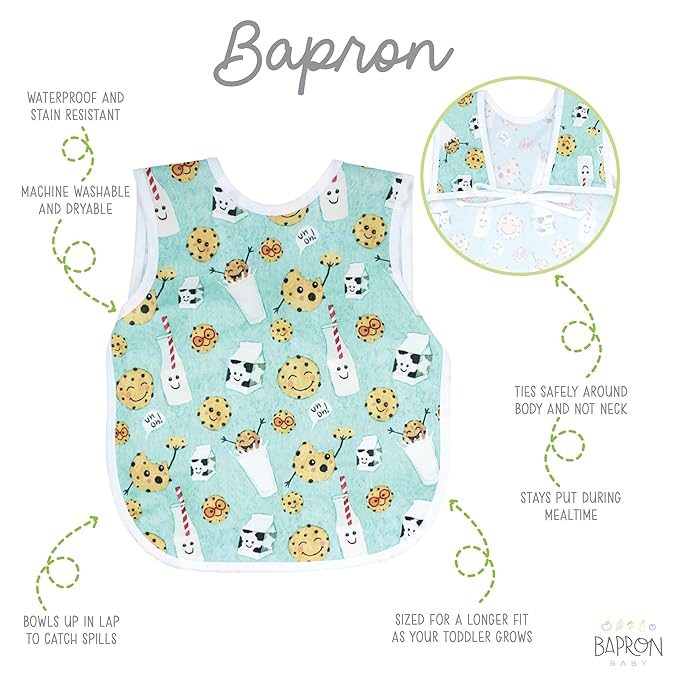 BapronBaby Cookies & Milk Bapron - No Neck Tie Safer Bib for Baby & Toddler - Soft Waterproof Stain Resistant - Machine Washable - Sz Preschool 3-5yrs