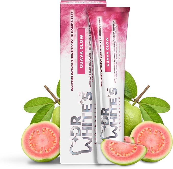Dr. White’s Fluoride-Free nHA Toothpaste; Dentist-Formulated, Nano Hydroxyapatite + Xylitol, Sensitivity Relief Complex™, Mint-Free, Enamel Safe, Swallow-Safe (3.5 Oz, Guava Glow)