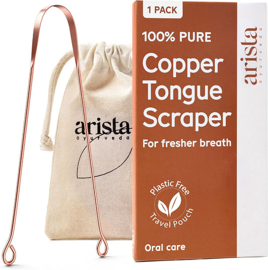 Arista Copper Tongue Scraper for Adults & Kids – 100% Pure Copper Tongue Cleaner – Extreme Bad Breath Treatment for Adults, Oral Detox & Hygiene – 1 Pack with Travel Pouch