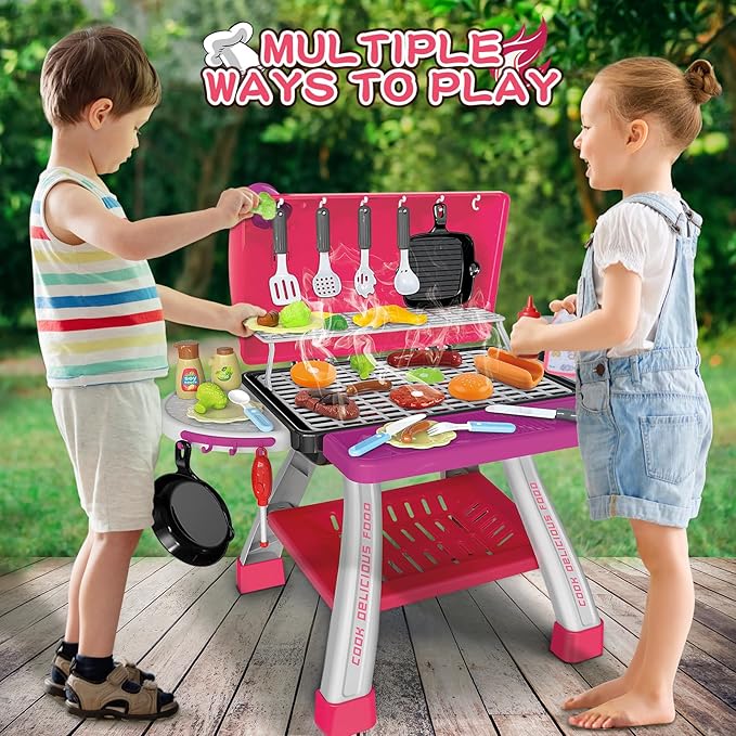 Kids Play Kitchen Toys, Kids BBQ Grill Kitchen Playset with Smoke, Sound & Light, Pink Play Food Toys Cooking Set, 2-Layer Barbecue Outdoor Play Grill Toy Gift for Toddler Girls 3-5, Pink