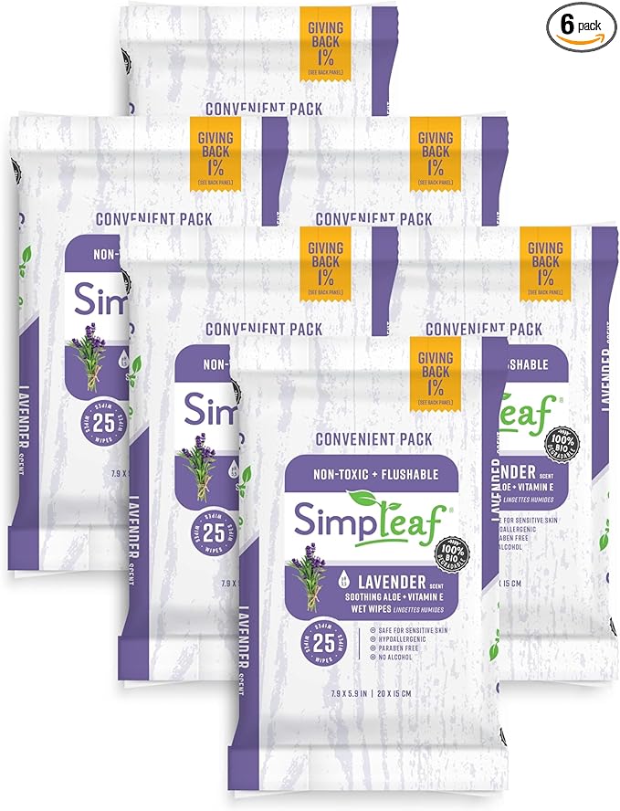 Simpleaf Flushable Wet Wipes Lavender| Eco-Friendly, Paraben & Alcohol Free | Hypoallergenic & Safe for Sensitive Skin | Soothing Aloe Formula | (6 x 25 Counts Convenient Pack) 150 Counts Total