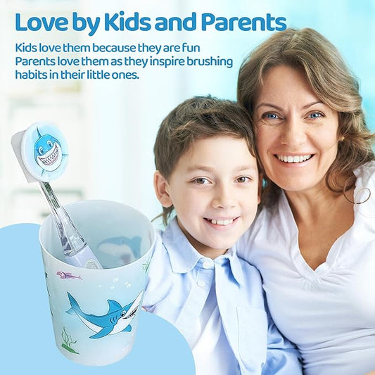 Lily's Home Kids Flashing Timer Toothbrush kids with Soft Bristles, Rising Cup & Cover - Fun 2-Min Light-Up Brushing for Children - Toddler Soft Toothbrush Kit (shark)