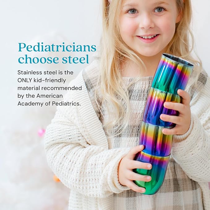 Ahimsa Stainless Steel Kids Cups, Pediatrician Designed, Colorful Toddler Cups for Open Cup Training, 8oz, 100% BPA Free & Dishwasher Safe, Rainbow, Set of 4