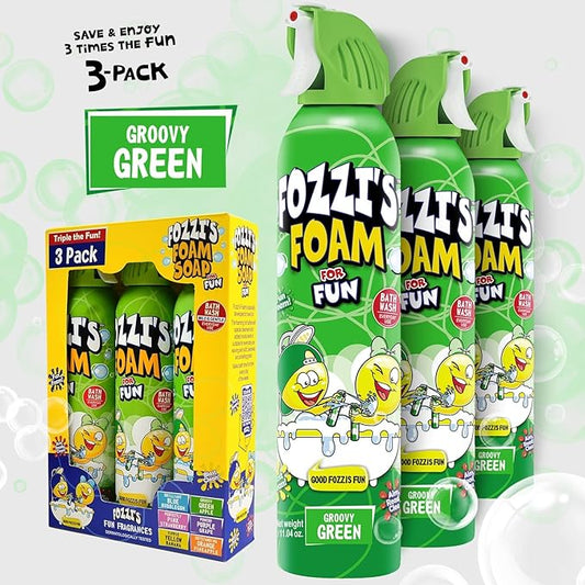FOZZI’S Groovy Green Bath Foam Soap for Kids (3 Pack) - Fun Aerosol Spray - Squishy Bubble Soap for Playtime - Gentle Cleanser Foaming Body Wash - Safe Bath Fun for Everyday Wash