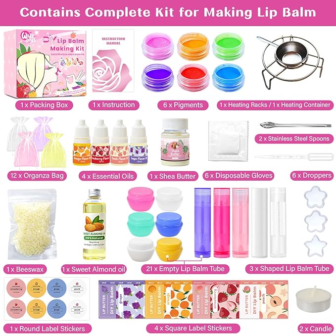 DIY Lip Balm Making Kit Teen Girl Gifts Trendy Stuff Make Your Own Lip Gloss Set with Natural Beeswax, Shea Butter,Sweet Almond Oil,24 PCS Lip Blam Containers