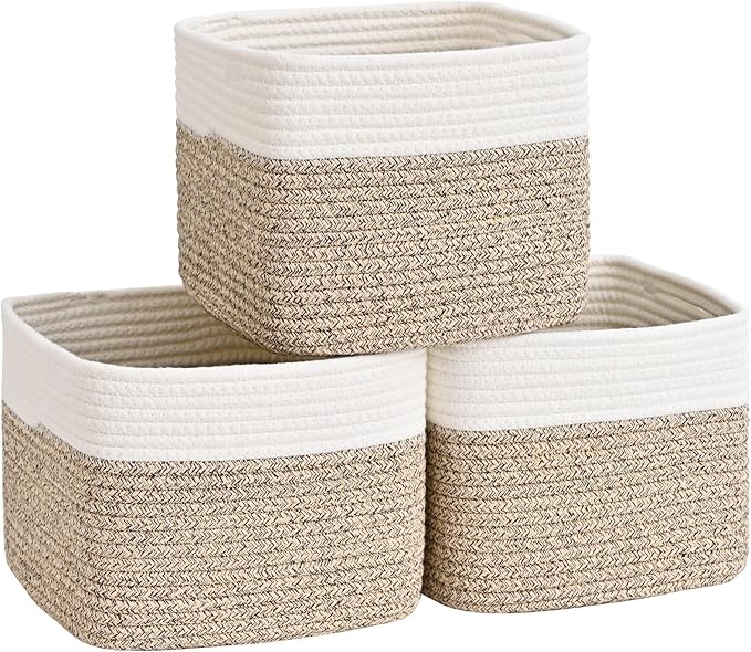 3 Pack Cube Storage Bin, 9”x9”x7” Cotton Rope Woven Baskets for Organizing Toys Clothes Towels, Square Gift Storage Baskets for Shelf, Nursery, Closet, Bathroom, Pantry (White & Jute)