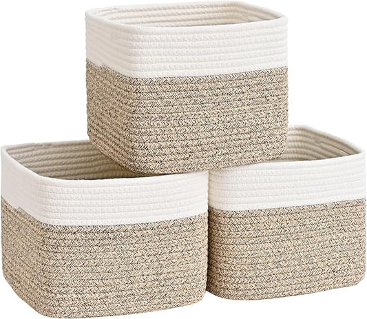 3 Pack Cube Storage Bin, 9”x9”x7” Cotton Rope Woven Baskets for Organizing Toys Clothes Towels, Square Gift Storage Baskets for Shelf, Nursery, Closet, Bathroom, Pantry (White & Jute)
