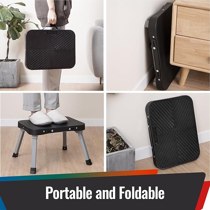 9" Folding Step Stool, Non-Slip 16x12 Large Platform, Portable Compact Sturdy 1-Step Stools for Kids Adults Seniors at Indoor Outdoor - Durable & Safe (9 inch, Black)