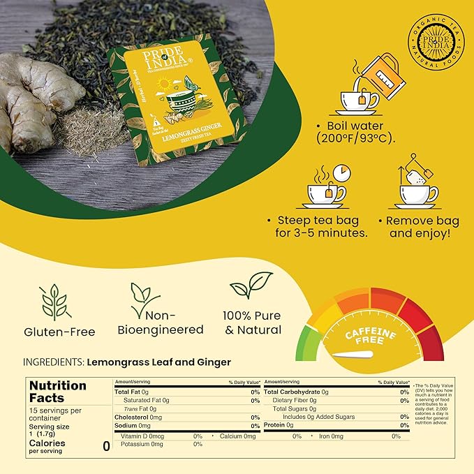 Pride of India | PACK of 6 - Lemongrass Ginger Zesty Fresh Tea | 15 Pyramid Full Leaf Individually Wrapped Tea Bags | 100% Herbal Blend from Single Origin | Tangy & Spicy Flavor | Caffeine-Free