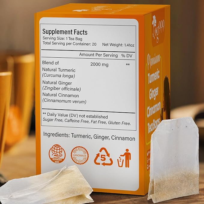 TOG999, Premium 20 Tea Bags Turmeric, Ginger, Cinnamon, 100% Natural, Hand-made Blend of Turmeric, Ginger, and Cinnamon Herbal Tea. Eco-conscious Tea Bags. No Sugar, No Caffeine, No Gluten, Vegan.