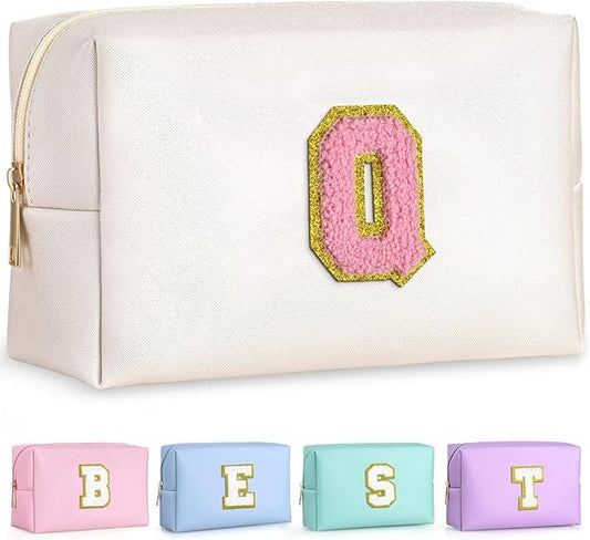 TOPEAST Initial Makeup Bag for Travel, Chenille Letter Pouch Cosmetic Bag, PU Leather Waterproof Toiletry Bag, Personalized Gifts for Bride Bridesmaids, Cute Things for Girls (Pearly White Q)