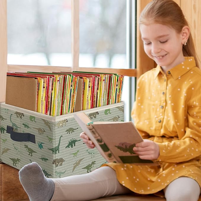 Dinosaur Foldable Storage Bins Box with Handles, Vintage Gray Striped Dinosaurs Collapsible Toys Books Clothes Organizer Basket for Kids Boys Bedroom Bathroom Dorm Nursery