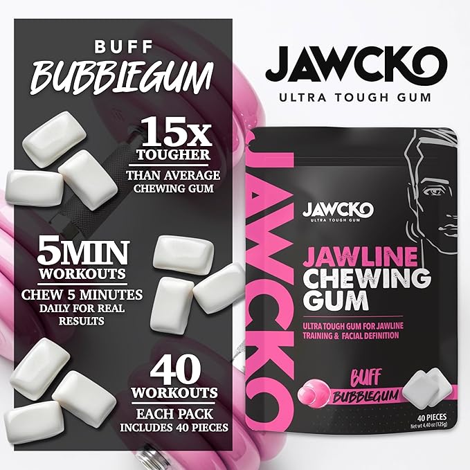 JAWCKO Ultra-Tough Jawline Chewing Gum | Get a Stronger, Squarer Jawline | Bubblegum Jaw Training Hard Gum | 15X Strength | Chisel, Sculpt, Tone your Jaw | Facial Fitness Mewing Gum | 40 Pieces/Pack