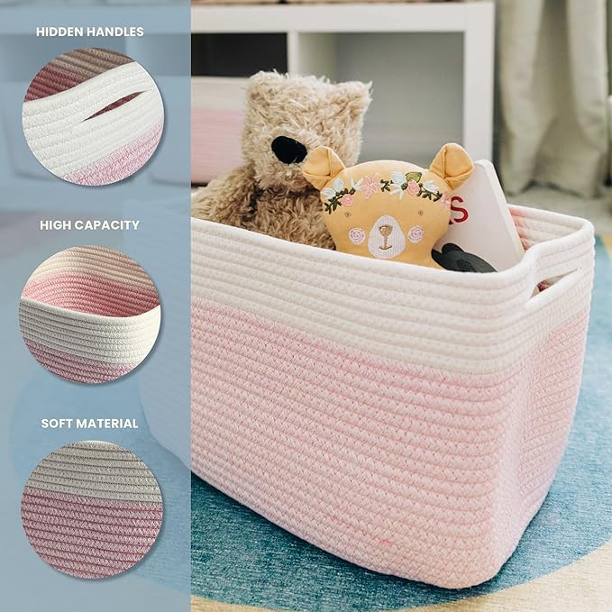 OrganiHaus Set of 3 Pink Woven Storage Baskets for Shelves, Decorative Organizer Bins for Closet & Bathroom, Multipurpose Home Organization Baskets, Toy Storage Basket - 15x9x10 inches