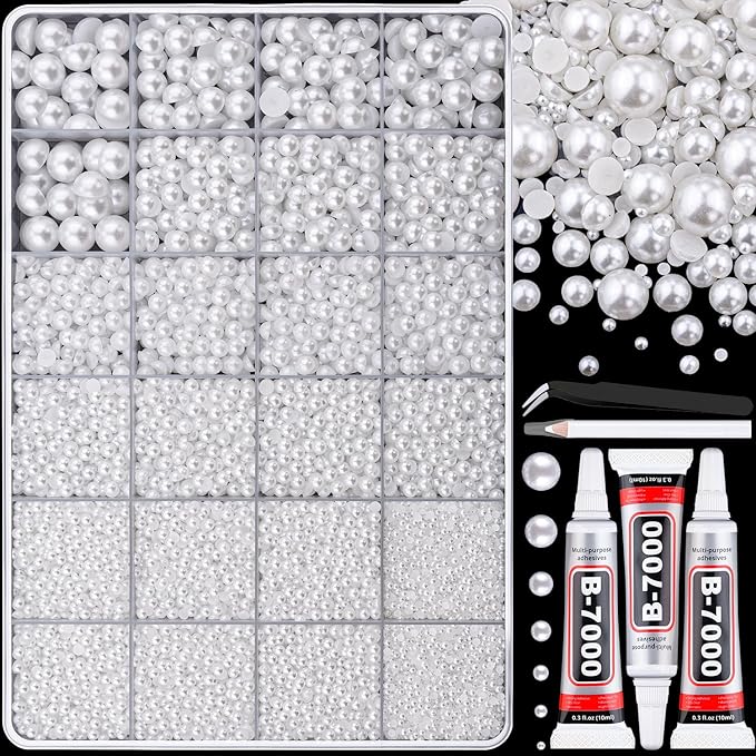 13500Pcs Flatback Pearls for Bedazzling (White) with 3Pcs B7000 Jewelry Glue, Assorted Size 2/3/4/5/6/8/10mm Half Pearl, Bedazzling Gems for Crafting Clothing Tumbler Shoes Embellishment Nail Art