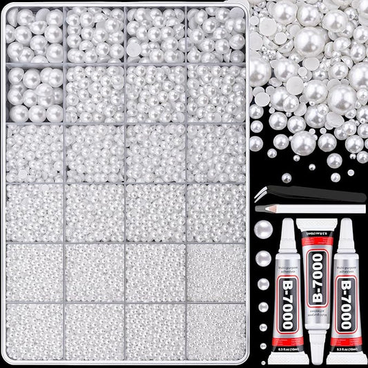 13500Pcs Flatback Pearls for Bedazzling (White) with 3Pcs B7000 Jewelry Glue, Assorted Size 2/3/4/5/6/8/10mm Half Pearl, Bedazzling Gems for Crafting Clothing Tumbler Shoes Embellishment Nail Art