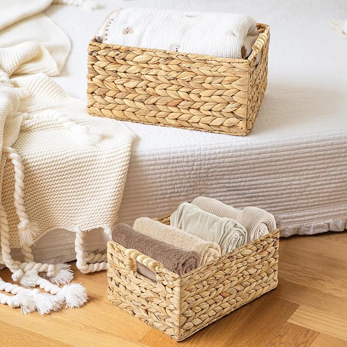 Greenatural Water Hyacinth Storage Baskets Set of 2, Handwoven Rectangular Organizer Trays with Wooden Bead Handles, Nested Wicker Bins for Shelf, Bathroom, Kitchen, Office, Natural Decor