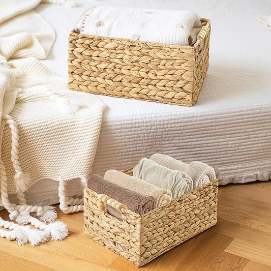 Greenatural Water Hyacinth Storage Baskets Set of 2, Handwoven Rectangular Organizer Trays with Wooden Bead Handles, Nested Wicker Bins for Shelf, Bathroom, Kitchen, Office, Natural Decor