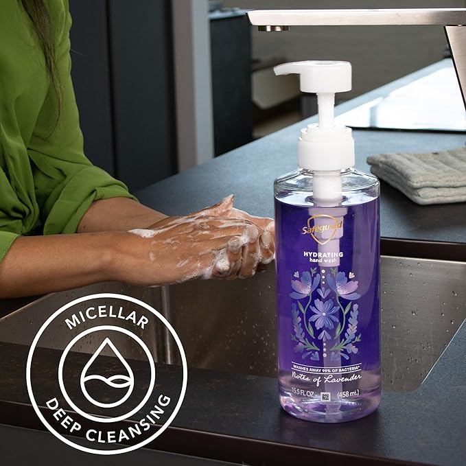 Safeguard Liquid Hand Soap, Micellar Deep Cleansing, Washes Away 99% Bacteria, Made with Natural Moisturizers, Enriched with Skin Conditioners, PH Balanced, Lavender Scent 15.5 oz (Pack of 4)