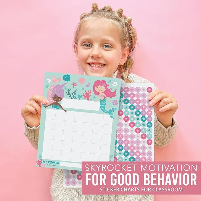 Sticker Chart for Kids Behavior at Home & Classroom - 25 Reward Chart for Kids Incentives, Gold Star Sticker Sheets, Mermaid Incentive Charts for Classroom Must Haves