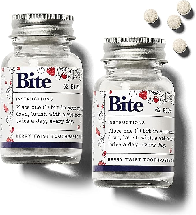 Bite Whitening Toothpaste Tablets – Nano Hydroxyapatite & Xylitol (Berry Twist) | Sensitive Teeth & Kid-Friendly | No Fluoride, Vegan, Cruelty-Free | Travel-Size | 2 Bottles (124 Bits) | Made in USA