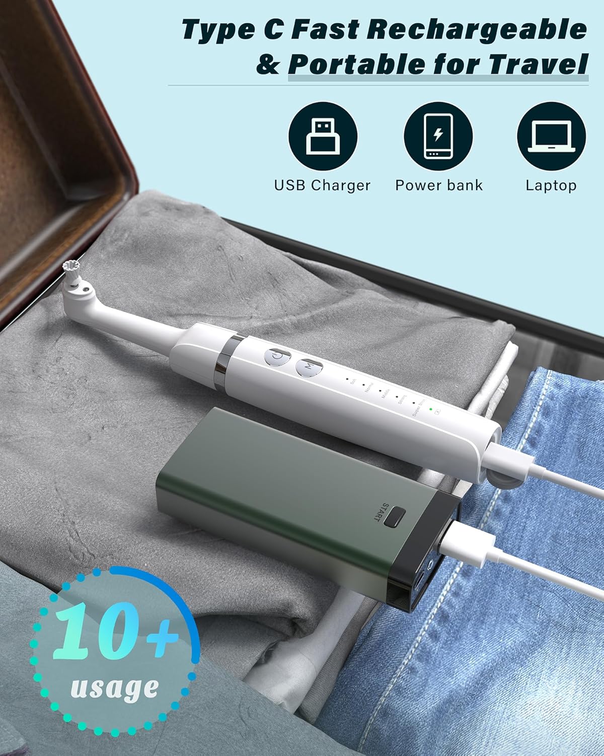 Tooth Polisher, Rechargeable Tooth Whitening Kit for Teeth Cleaning and Whitening, with 3 Tooth Polish Paste and 5 Brush Heads, LED Light, Easy to Use at-Home Personal Dental Care Kit