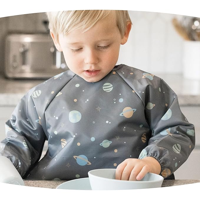 Tiny Twinkle Long Sleeve Bib for Babies & Toddlers – Waterproof Smock Bib for Eating – Machine Washable & Mess-Proof, Baby Feeding Essential & Shower Must-Have(Space, 2-4Y)