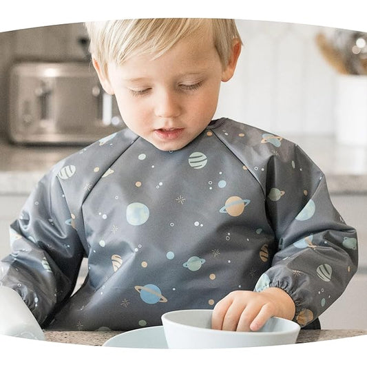 Tiny Twinkle Long Sleeve Bib for Babies & Toddlers – Waterproof Smock Bib for Eating – Machine Washable & Mess-Proof, Baby Feeding Essential & Shower Must-Have(Space, 2-4Y)