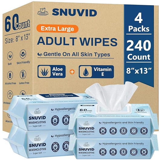 Adult Wipes For Elderly - 8"x13" Extra Large & Soft Wet Wipes for Adults Bathing No-Rinse Incontinence & Cleansing - Disposable Washcloths, Vitamin E & Aloe Infused 240ct (4 Packs of 60)