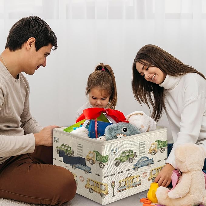 Car Boy Foldable Storage Bins Box with Handles, Transport Vehicles Collapsible Toys Books Clothes Organizer Basket for Kids Boys Toddler Bedroom Bathroom Nursery