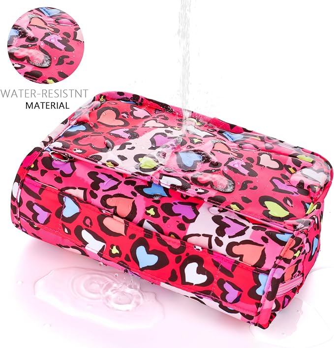Kids Hanging Toiletry Bag for Girls, Travel Toiletry Bag for Little Young Girls Cosmetic Makeup Waterproof Wash Bag Toddler Traveling Toiletries, Leopard Red