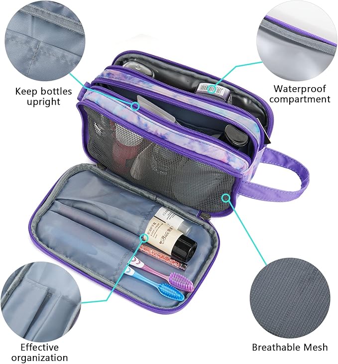 Kids Toiletry Bag for Girls, Travel Toiletry Bag for Teen Girls Cosmetic Bag Makeup Bag Waterproof Hanging Wash Bag Toiletries, Tie Dye Purple