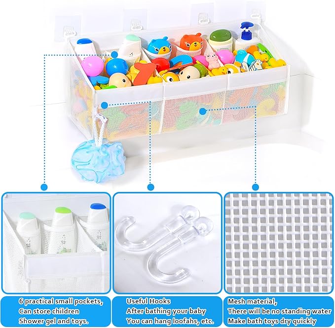 KPH has improved the bath toy holder experience, with the bathtub toy storage adding 6 pockets and a super breathable mesh bath toy storage that dries quickly, bath toy organizer， Easy to use
