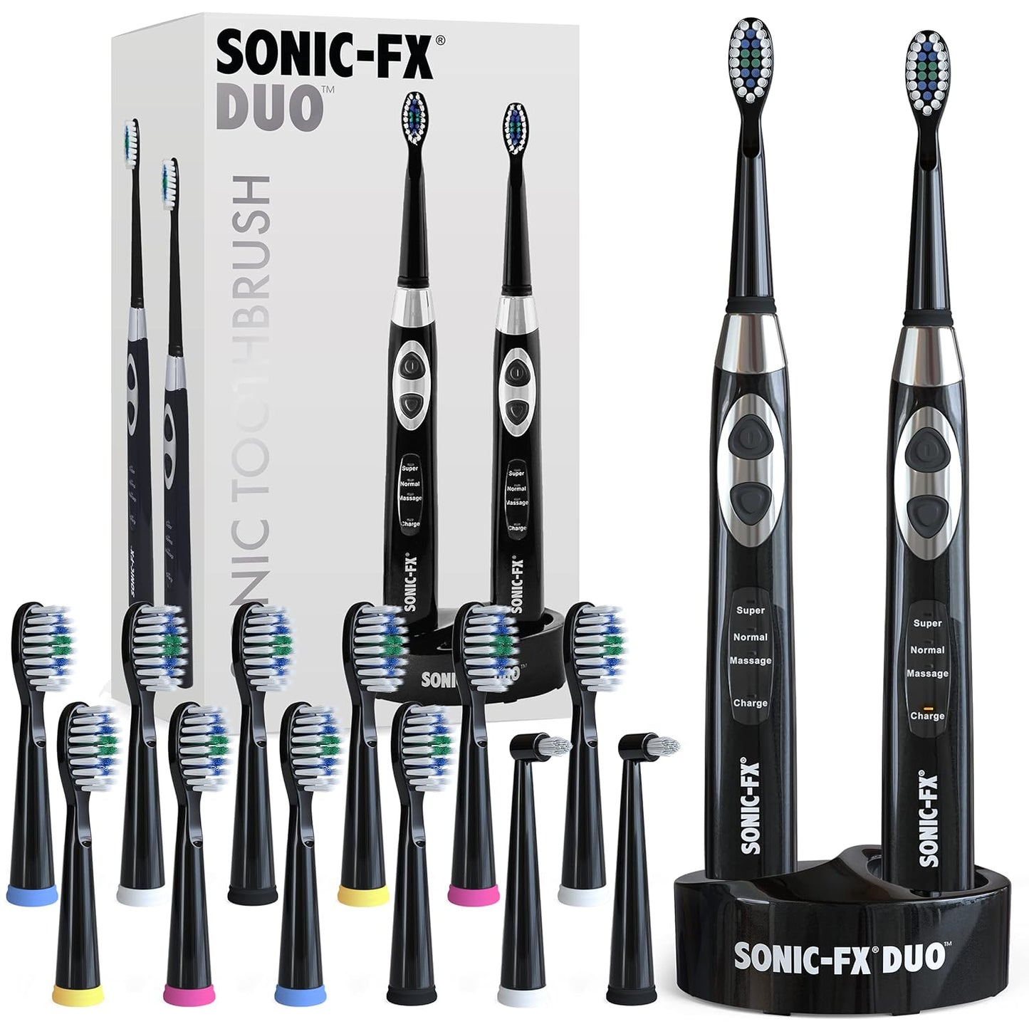 Sonic-FX Duo Rechargeable Electric Toothbrush Set - with 14 Brush Heads, 3 Modes, Smart Auto-Timer, Charging Dock Holder - Dual Handle Electric Tooth Brush for Adults & Kids, Black