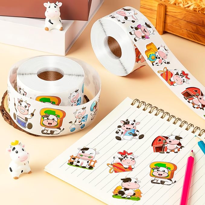 1200 Pcs Cute Cows Stickers for Kids 2 Roll Water Bottle Farm Stickers 2 Roll Sticker for Teacher Reward School Supplies Incentives Cow Party Favors (16 Styles)