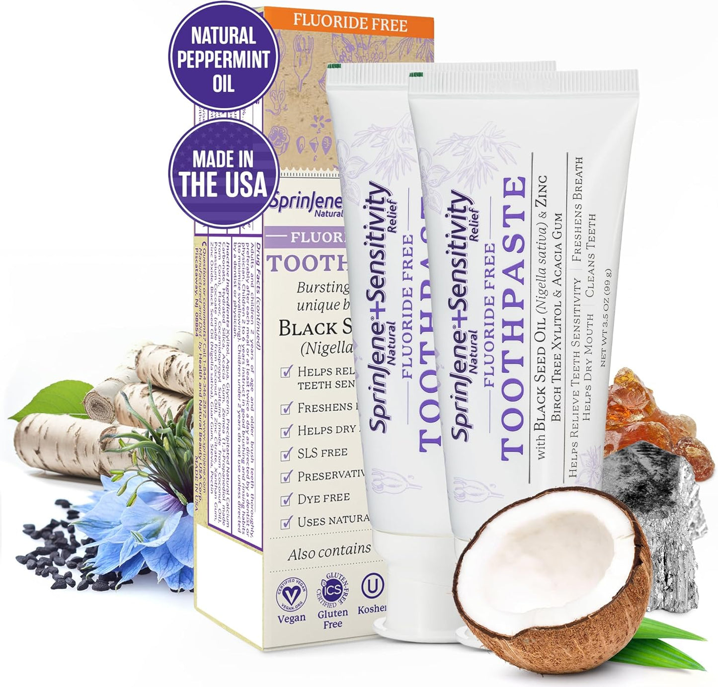 SprinJene Natural Sensitivity Relief, Fluoride Free Toothpaste for Sensitive Teeth (2 Pack) + Fluoride Free & Alcohol Free Mouthwash