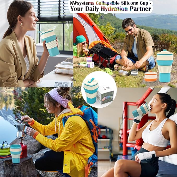 Collapsible Silicone Cup, Safe & Portable, for Hot & Cold Drinks, 18.6 oz (550 ml) - Travel, Camping, Office, and More – Turquoise Blue