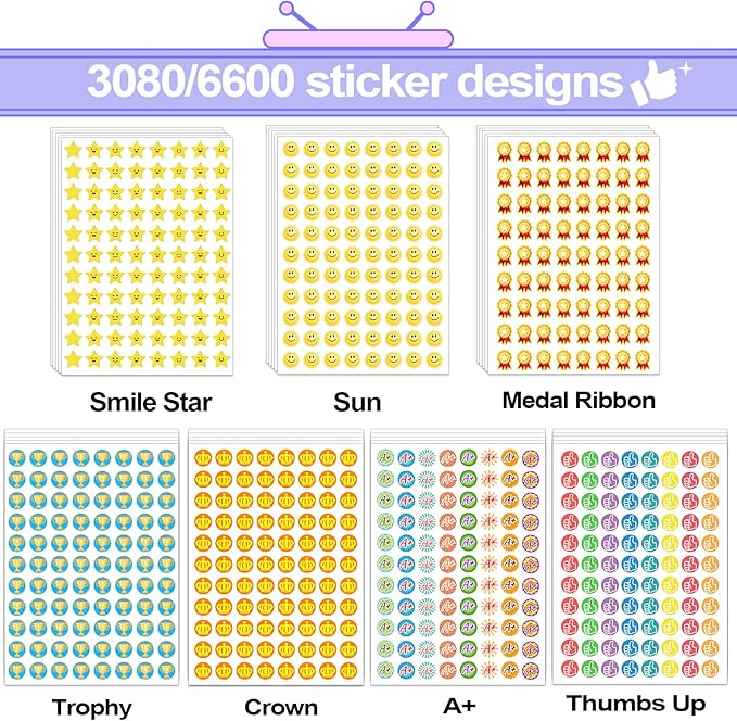 6600 PCS Small Stickers for Kids Classroom, Mini Teacher Reward Stickers Includes Stars, Smiley Faces & Emojis, Sticker Pack, Stickers Bulk, Scrapbook Journal Supplies