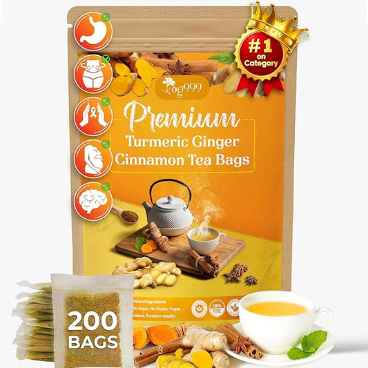 200 Bags Premium Turmeric Ginger Cinnamon Tea, Improve Digestion, Support Brain, Weight, Skin and Sleep, Eco-Conscious Tea Bags and Premium Natural Ingredients. Turmeric Ginger Herbal Tea. No Sugar, No Caffeine, No Gluten, Vegan.