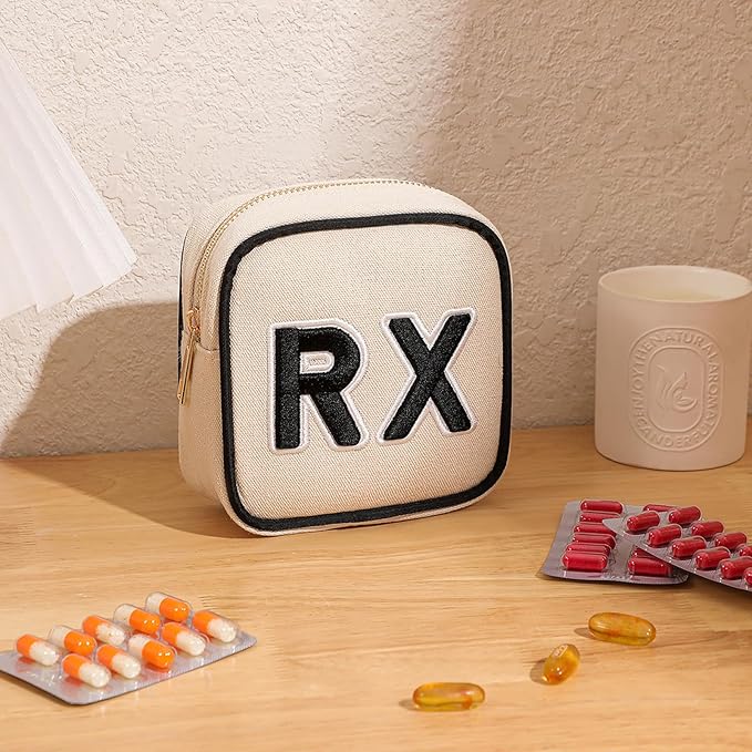 2Pcs Small Canvas Rx MEDS Medicine Packages, Cute Chenille Letter Patch Drug Makeup Bag with Metal Zipper, Mini Travel First Aid Purse Organizer Machine Washable (05RX and MEDS)