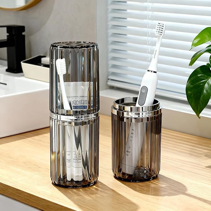 Toothbrush Travel Case, 2-in-1 Multifunction Dustproof Portable Toothbrush Cup & Toothpaste Storage Container, Toothbrush Case for Traveling Bathroom Camping Business Trip School (Grey)