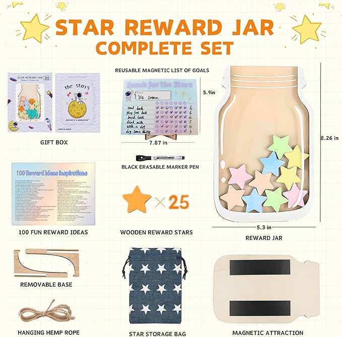Magnetic Reward Jar, Star Reward Jar Set for Kids Potty Training Reward Jar System for Classroom, Magnetic Reward Jar for Classroom Board Behavior Management Home Reward Jar (White)