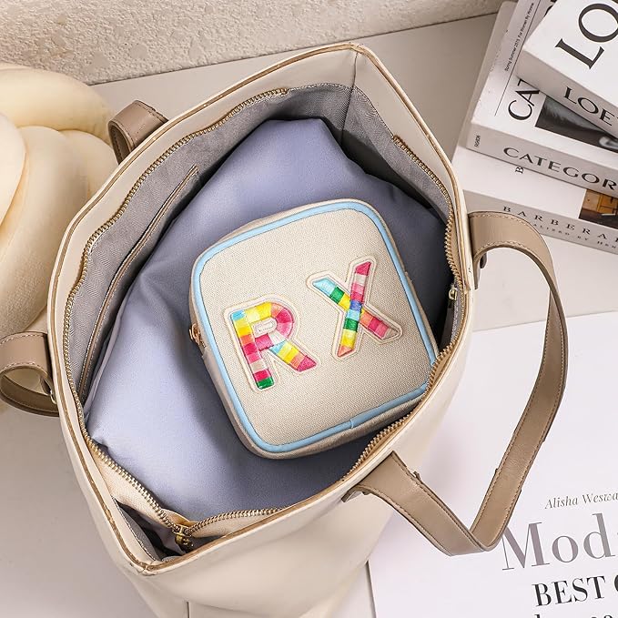 Small Canvas Rx Medicine Packages, Cute Chenille Letter Patch Drug Makeup Bag with Metal Zipper, Mini Travel First Aid Purse Organizer Machine Washable (03Blue-Rainbow)