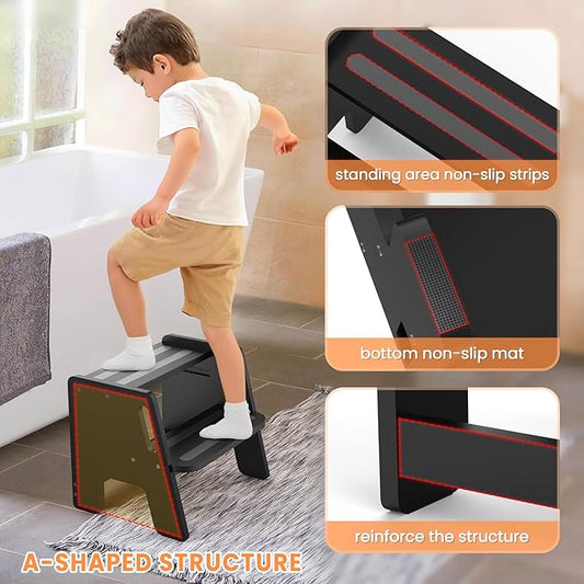 Toddler Step Stool, Wooden Height-Adjustable 2-Step Stool for Kids, Potty Training Stool with Handles for Bathroom Sink, Kitchen, Bedroom-Black