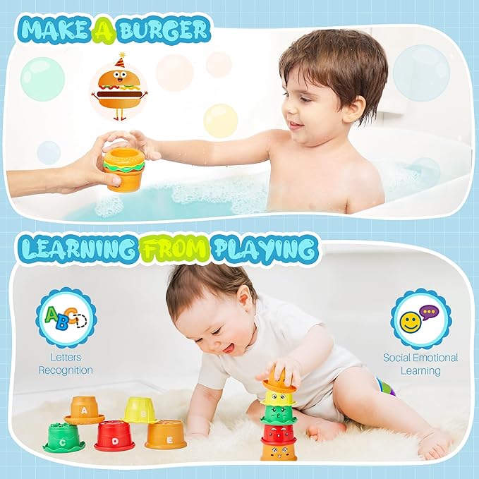 EKU Hippo Bath Toys for Kids Ages 18months+ Toddler with Burger Stacking Cups Swimming Duck Crab Bath Time Water Play Toys Bathtub Toys