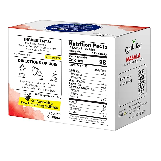 QuikTea Masala Chai Tea Latte – 10 Count, Bold Masala Flavor, Naturally Caffeine-Light, No Preservatives – Just Add Hot Water