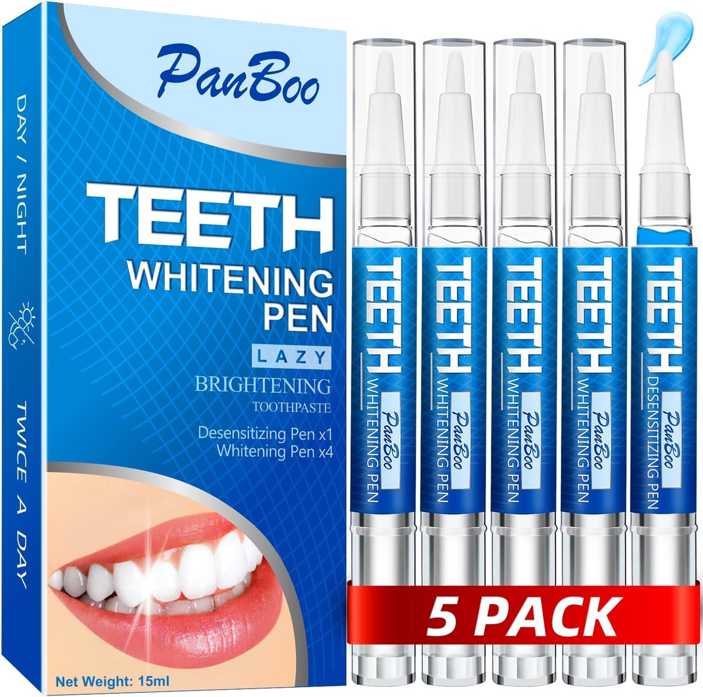 Teeth Whitening Pen 4+1(5 Pack), 70+ Treatments, Use Twice a Day Up to 1-6 Shade Whiter in 1-2 Weeks, 4 Whitening Pens plus 1 Desensitizing Pen, Effective, Painless and Enamel Safe Teeth Whitening Gel