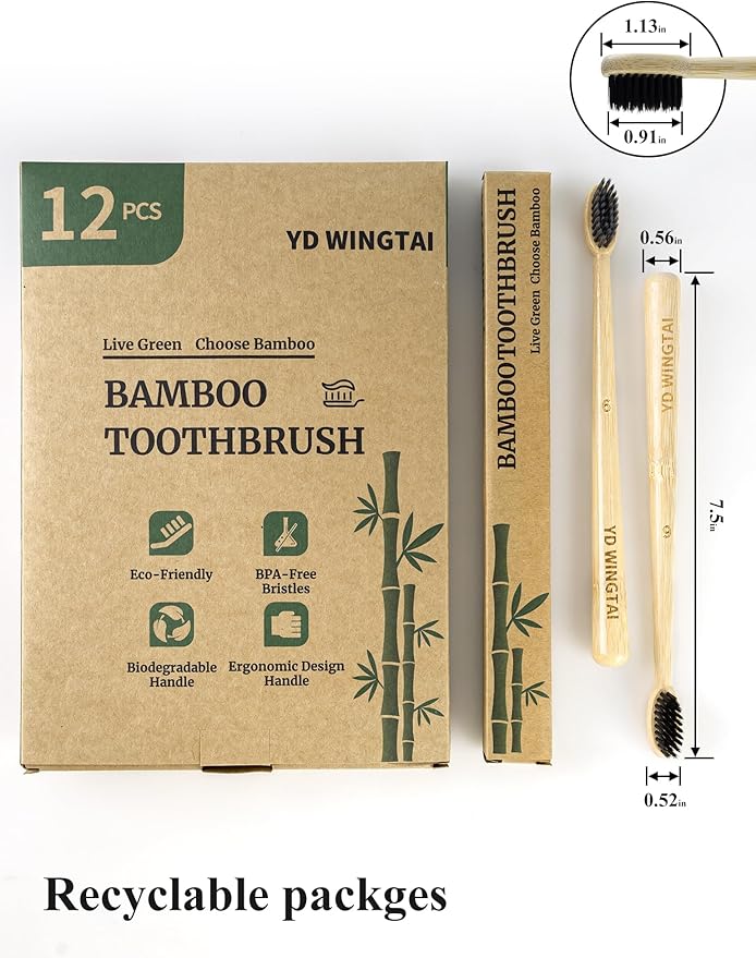 Bamboo Toothbrushes 12pack Disposable Tooth Brush Natural Toothbrush Travel Wooden Bristle Organic for Adults Set