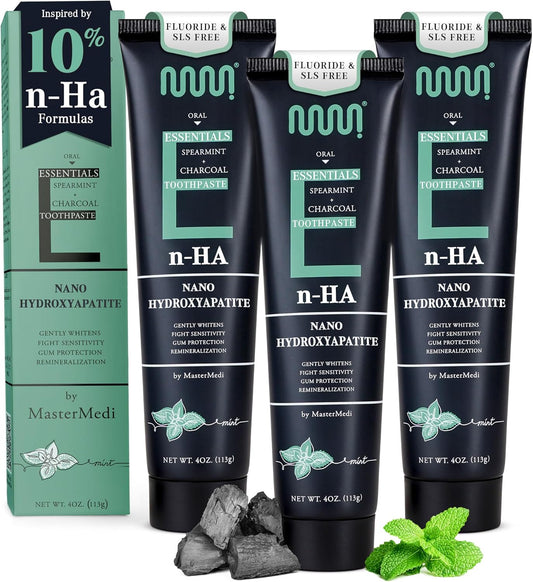 MasterMedi Nano Hydroxyapatite Toothpaste (Inspired by 10% nHA Formulas), Fluoride-Free, Charcoal Whitening, Sensitive Teeth Care, Enamel Support, SLS-Free, Xylitol, Citrus Mint, 4 Oz (Pack of 3)